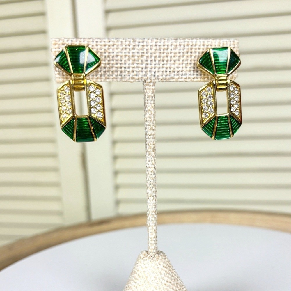 Luxe 1980s Swarovski S.A.L. Green Enamel Crystal Gold Door Knocker Earrings VTG - Picture 3 of 5